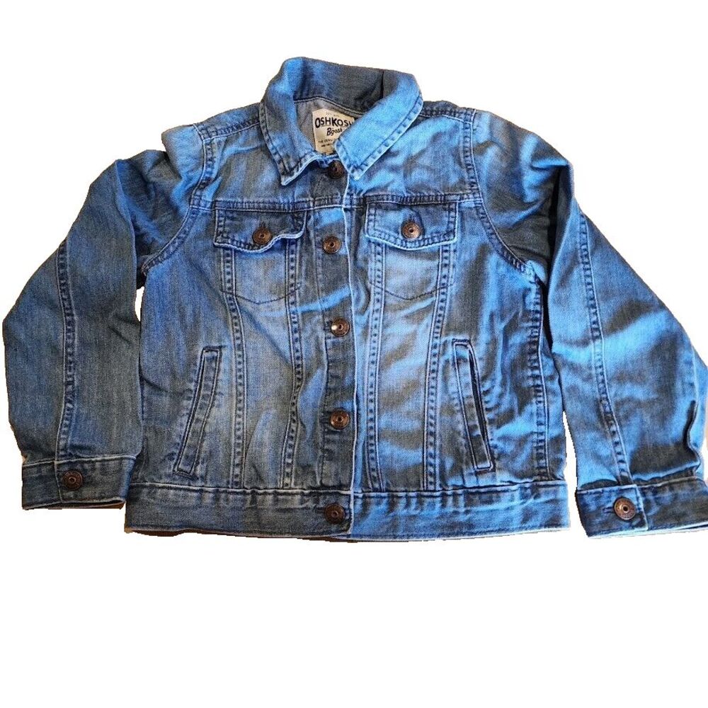 Oshkosh Bgosh Girls Denim Jean Jacket Appliques Snap Up Flap Pockets Blue Sz 10 - Picture 1 of 8
